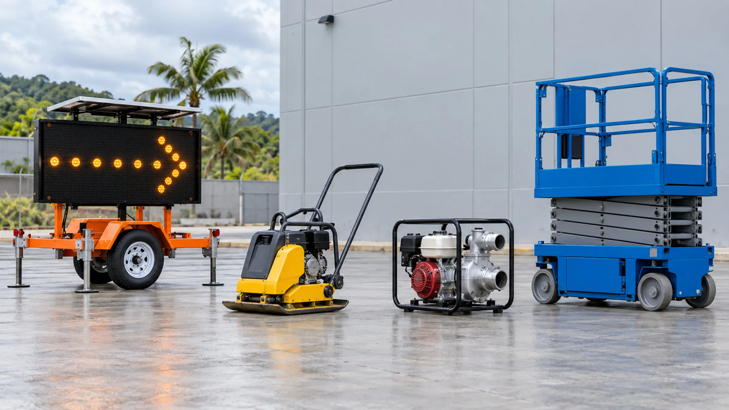 Light construction equipment lined up: arrow board, compactor, water pump and scissor lift
