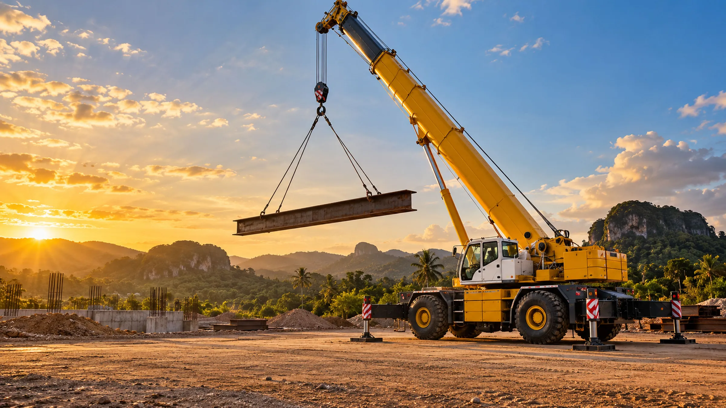 Terex rough-terrain crane lifting steel on a Puerto Rico jobsite at golden hour