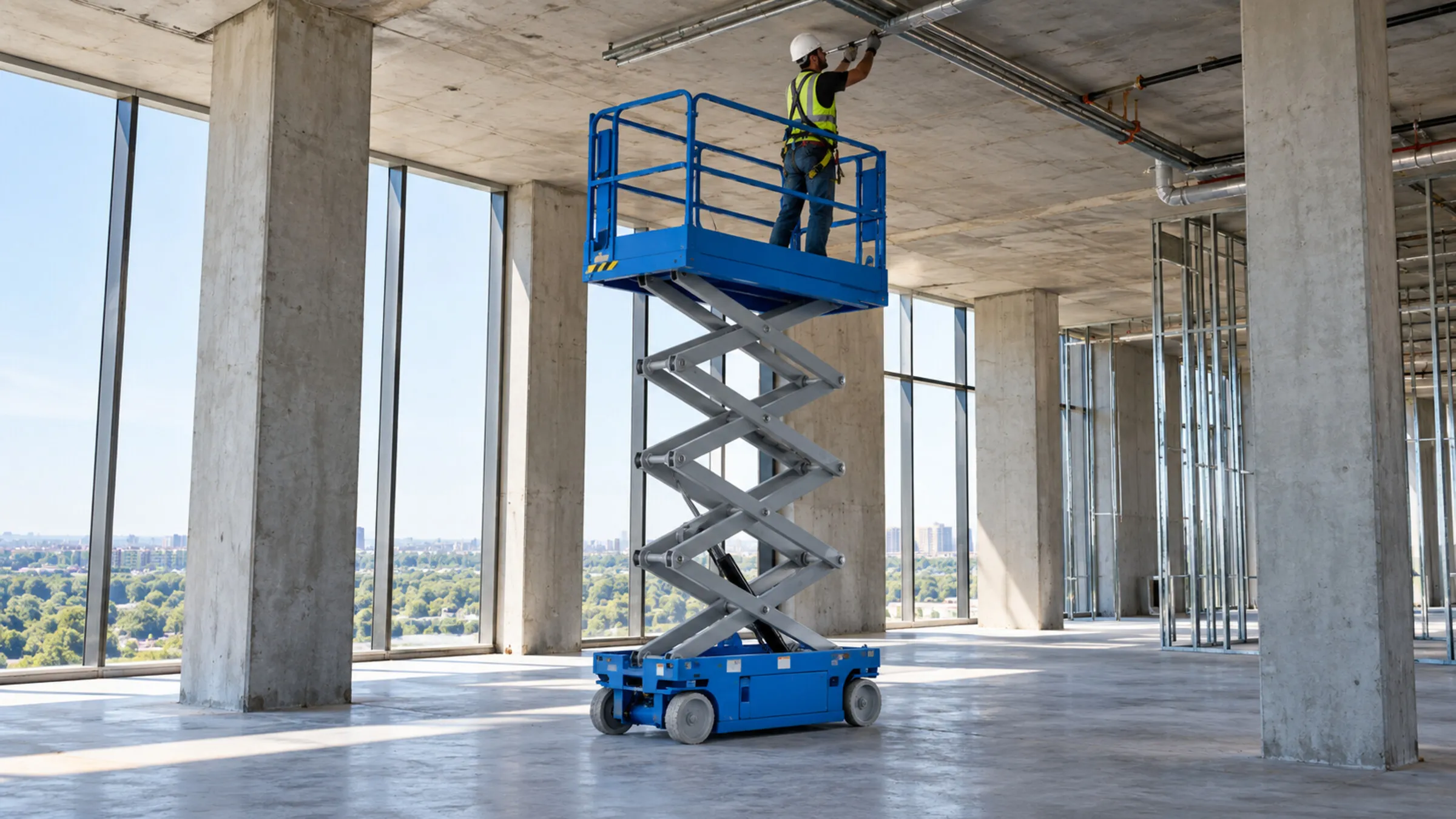 Scissor lift working on an interior construction site