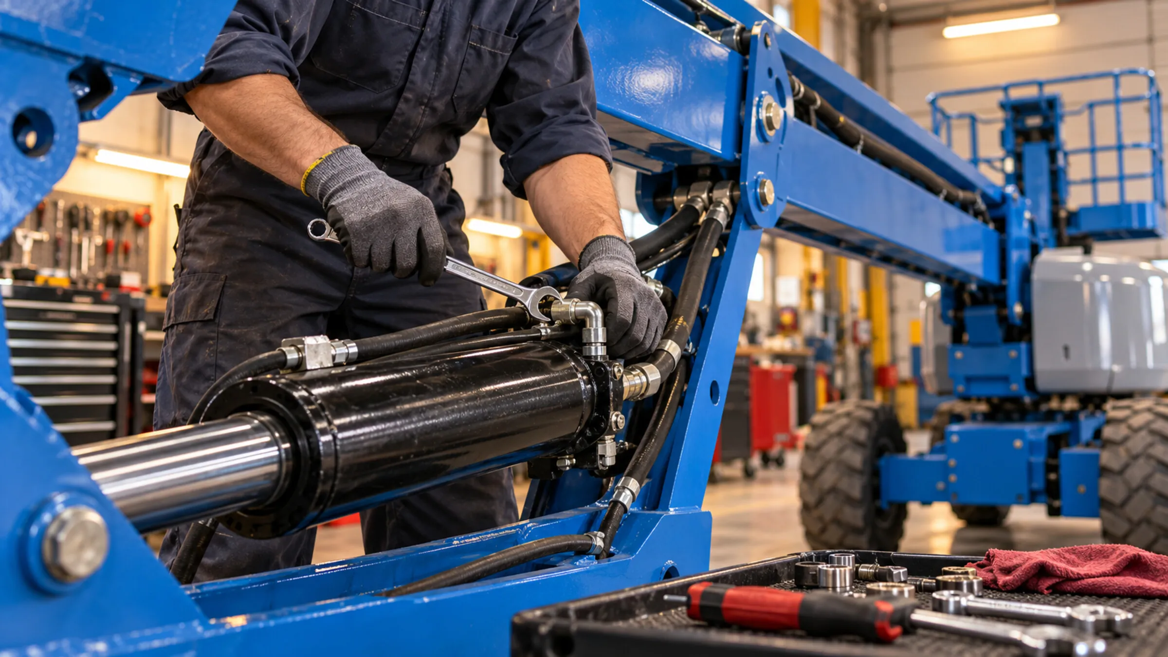 Technician servicing a hydraulic boom in the repair shop
