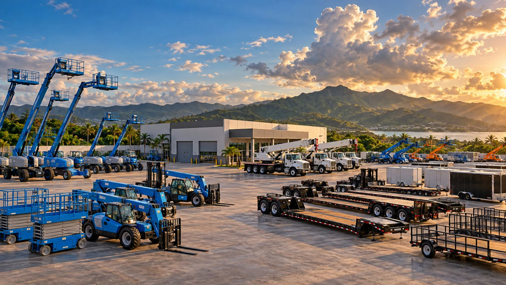 Patio de Reliable Equipment en Toa Baja con montañas verdes al fondo